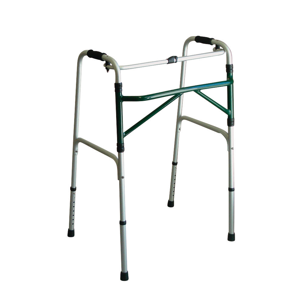 A Folding Adjustable-Height Walker with a green frame and black handles, featuring four rubber-tipped legs for stability.