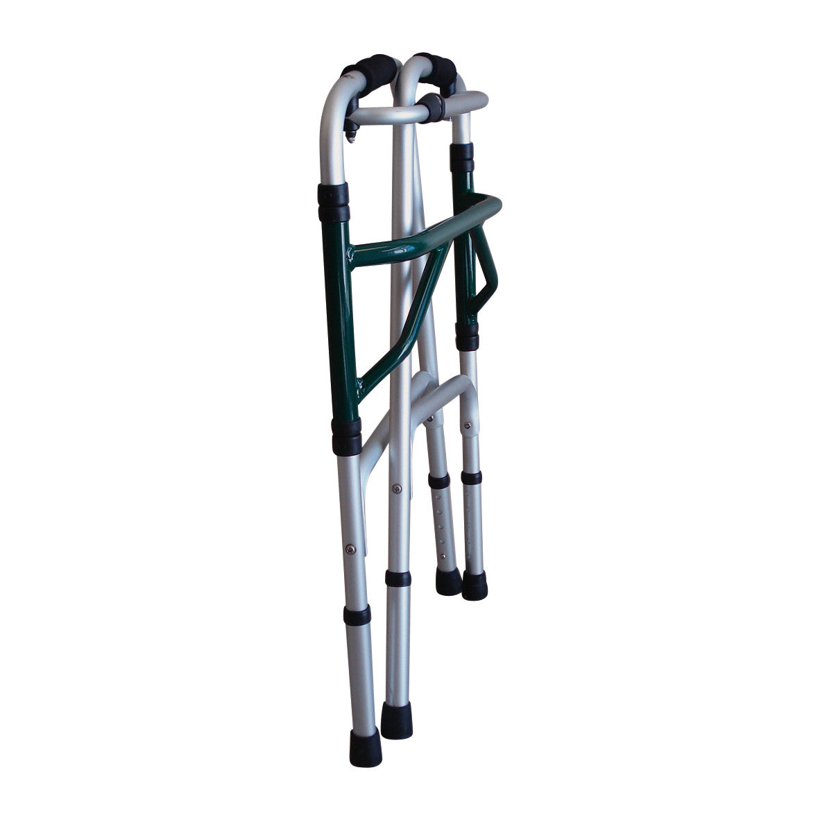 Folding Adjustable-Height Walker with metallic frame and black grips, shown in a folded position.