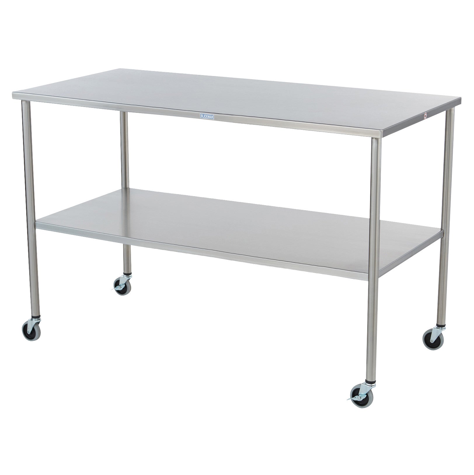 Stainless steel Blickman Howard Instrument Table with a lower shelf and four wheels for mobility.