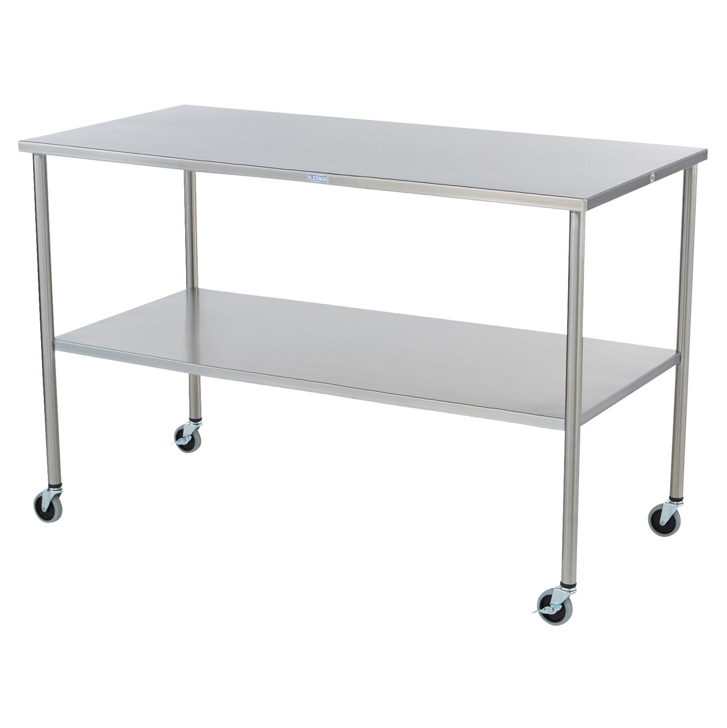 Stainless steel Blickman Howard Instrument Table with a lower shelf and four wheels for mobility.