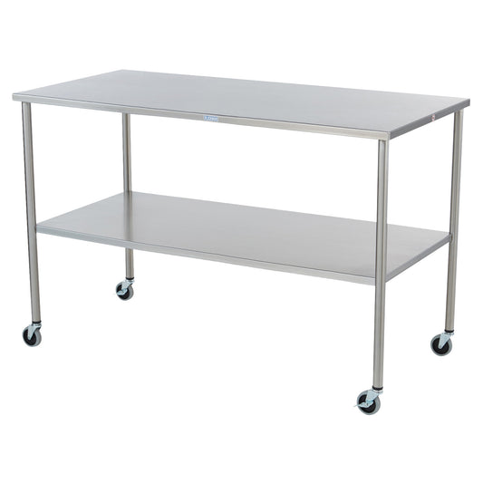 Stainless steel Blickman Howard Instrument Table with a lower shelf and four wheels for mobility.