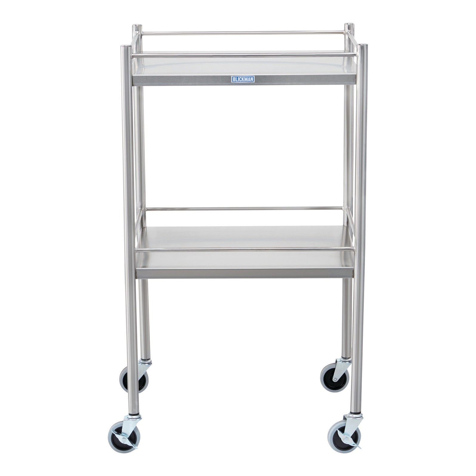Stainless steel Blickman Utility Table with two shelves and four caster wheels on the bottom for mobility.