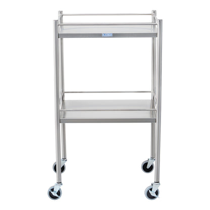 Stainless steel Blickman Utility Table with two shelves and four caster wheels on the bottom for mobility.