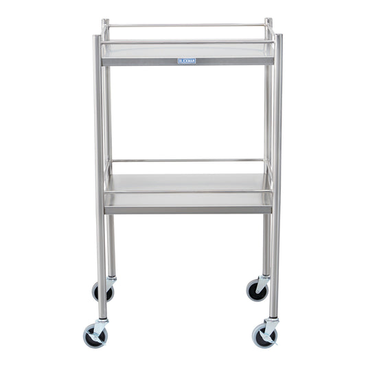 Stainless steel Blickman Utility Table with two shelves and four caster wheels on the bottom for mobility.