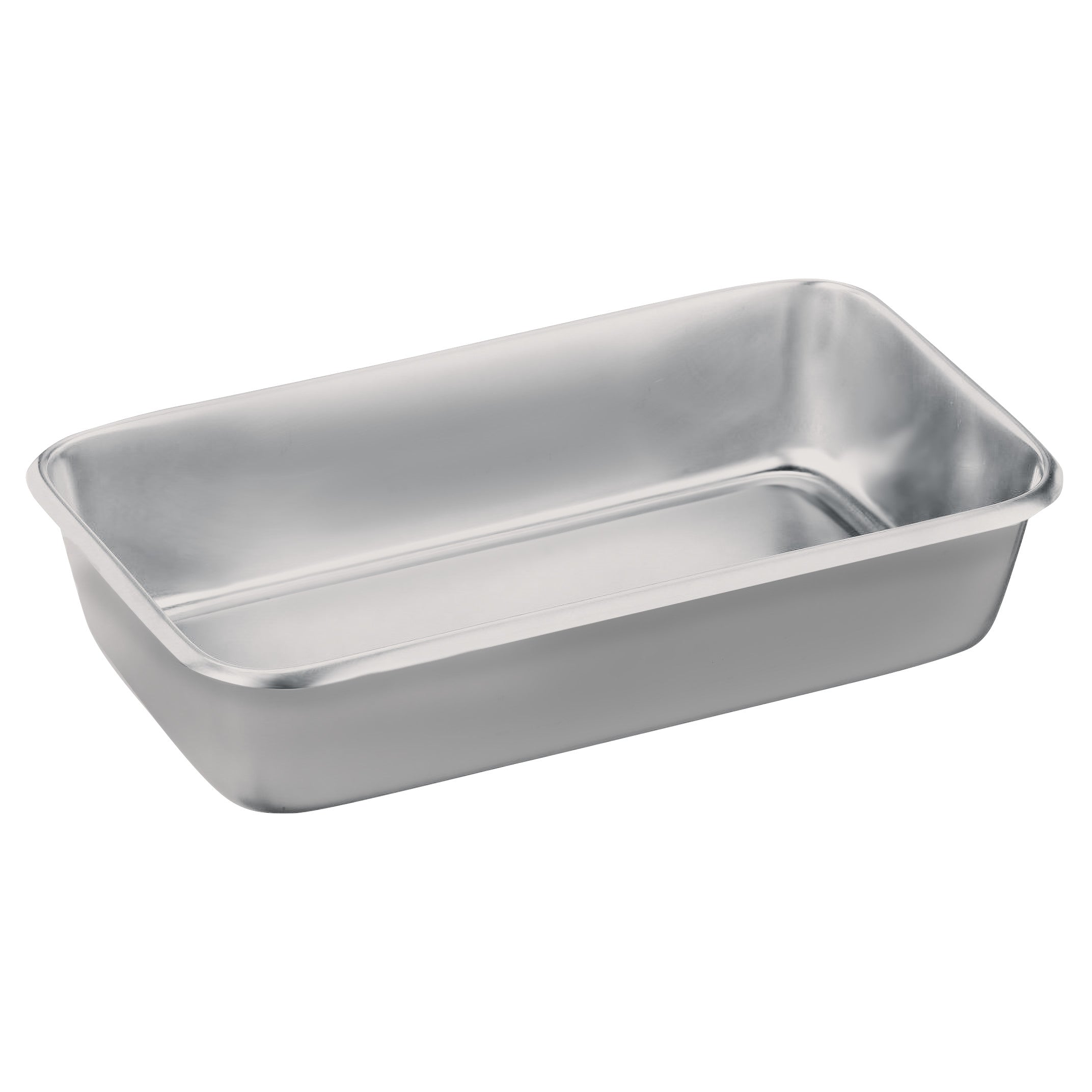 A Polar Ware Stainless Steel Sterilization Tray with a rectangular shape and smooth, shiny surface, viewed at an angle.