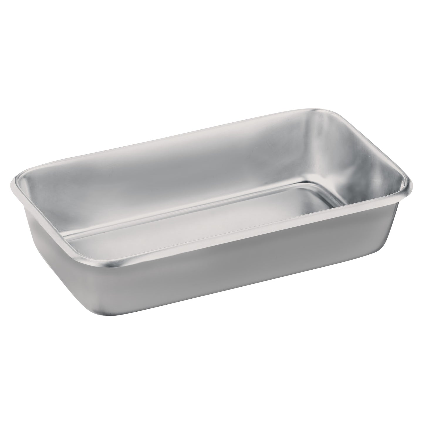 A Polar Ware Stainless Steel Sterilization Tray with a rectangular shape and smooth, shiny surface, viewed at an angle.