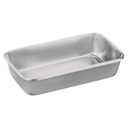 A Polar Ware Stainless Steel Sterilization Tray with a rectangular shape and smooth, shiny surface, viewed at an angle.