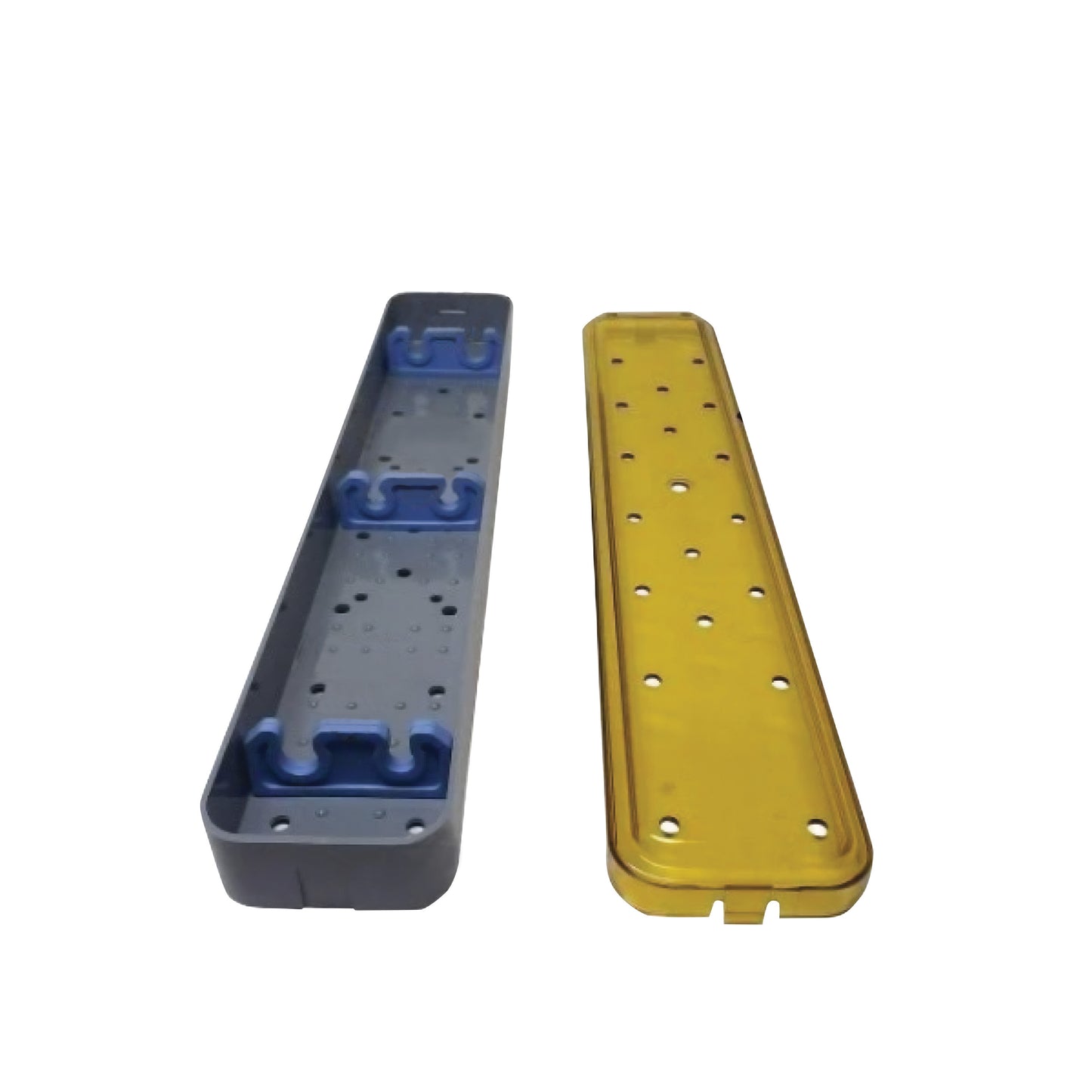 PST Scope Sterilization Tray with a gray base and yellow perforated lid, featuring blue support clips inside.