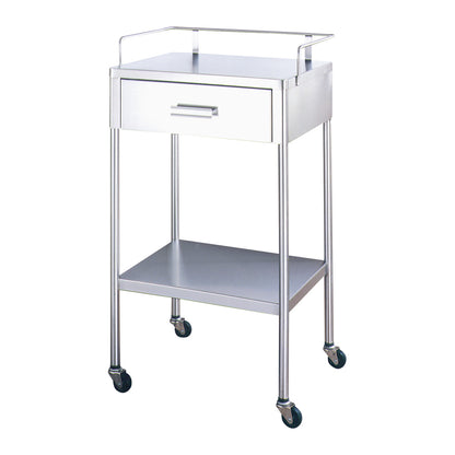A UMF Utility Table with a drawer, lower shelf, and four caster wheels for mobility, featuring a sleek metallic finish.