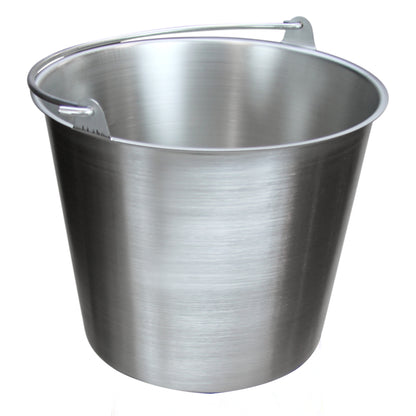 A Blickman 13-Qt. Stainless Steel Lenox Kickbucket Pail with a shiny metallic finish and a handle on its rim.