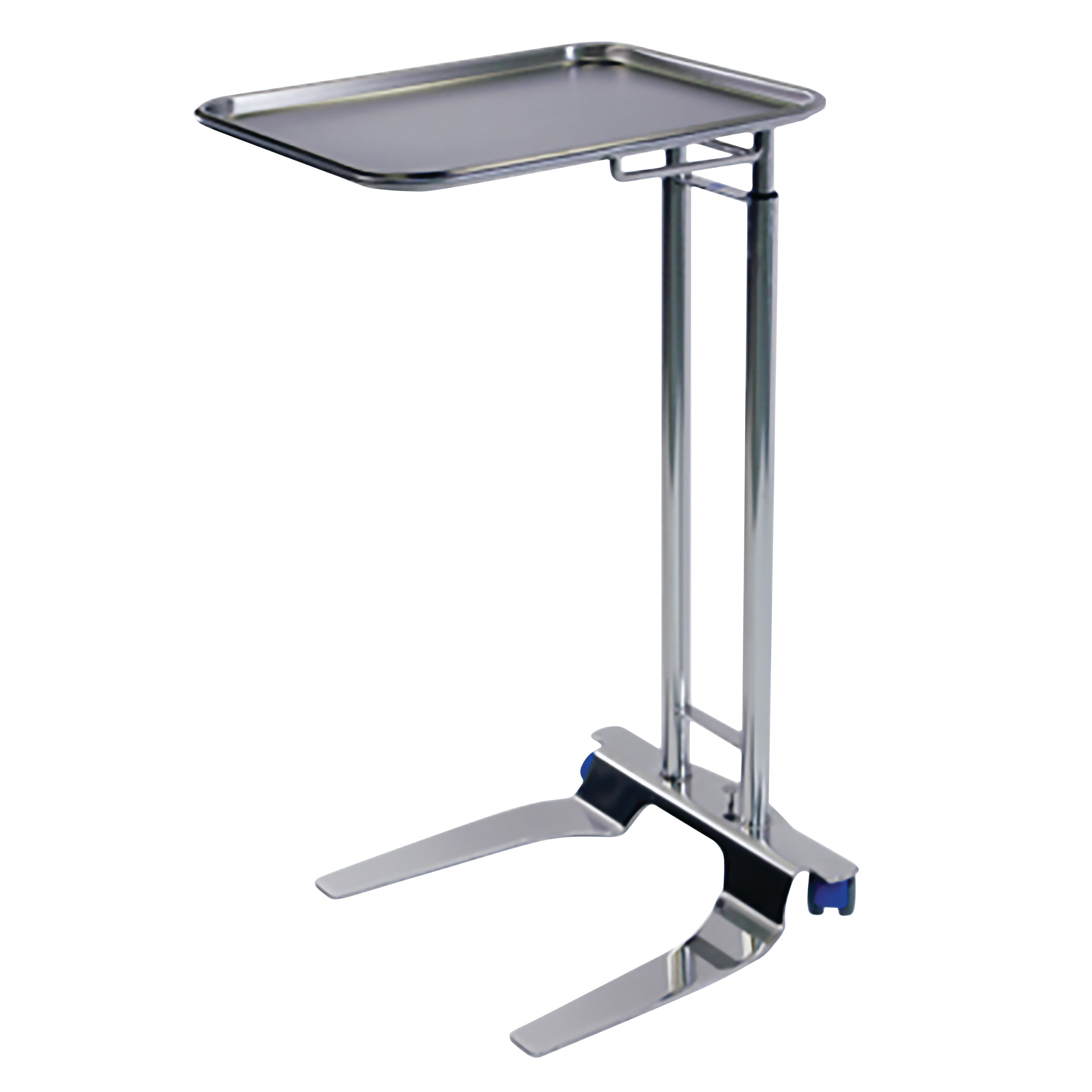 The Pedigo Double-Post Mayo Stand features a rectangular tray and a height-adjustable chrome double-post frame with casters.