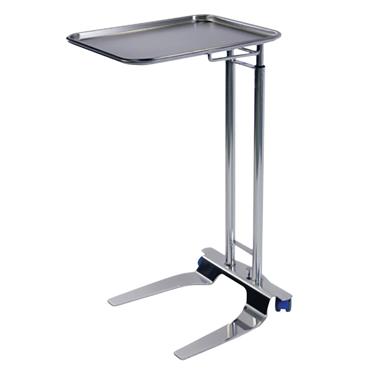 The Pedigo Double-Post Mayo Stand features a rectangular tray and a height-adjustable chrome double-post frame with casters.