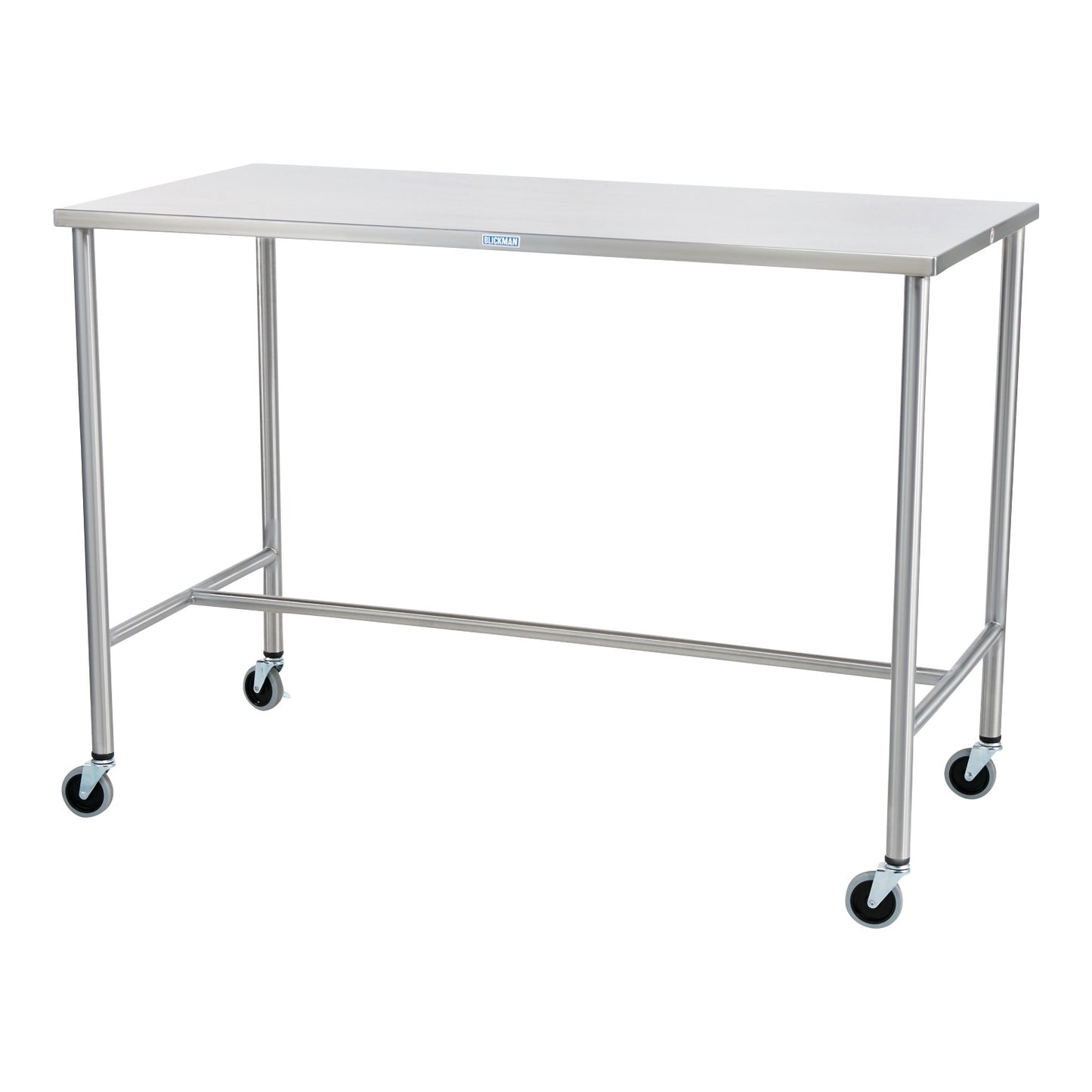 Metal table with wheels, known as the Blickman Sawyer Instrument Table, featuring a flat surface and sturdy frame.