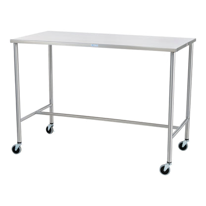 Metal table with wheels, known as the Blickman Sawyer Instrument Table, featuring a flat surface and sturdy frame.