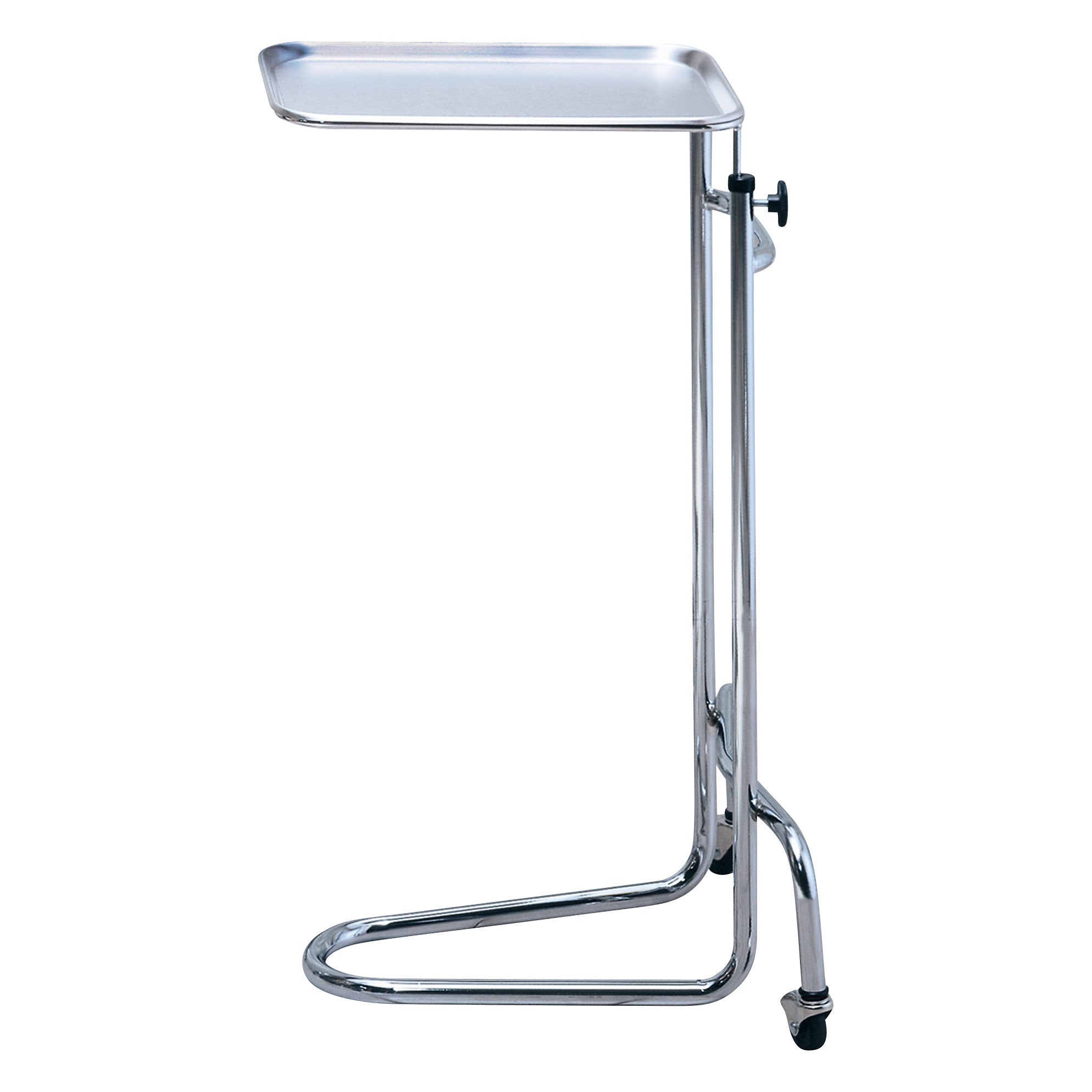 The Brewer Double-Post Mayo Stand features a stainless steel tray and a wheeled base for mobility.
