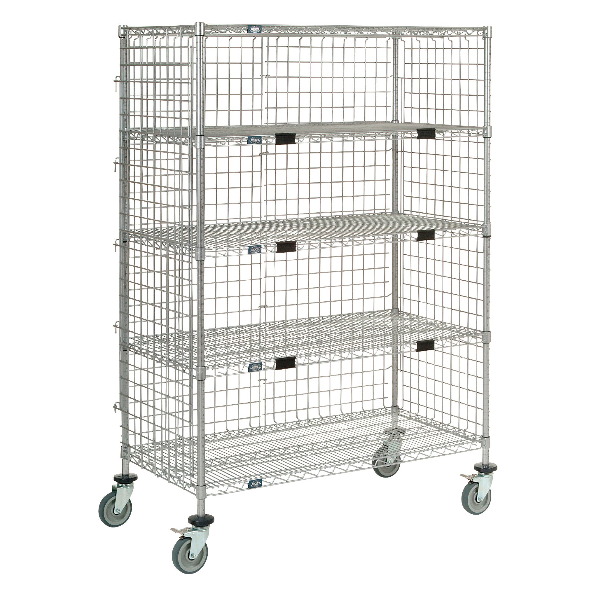 Nexel Enclosed Exchange and Linen Transport Truck with wire shelves and mesh sides, featuring four swivel casters for mobility.