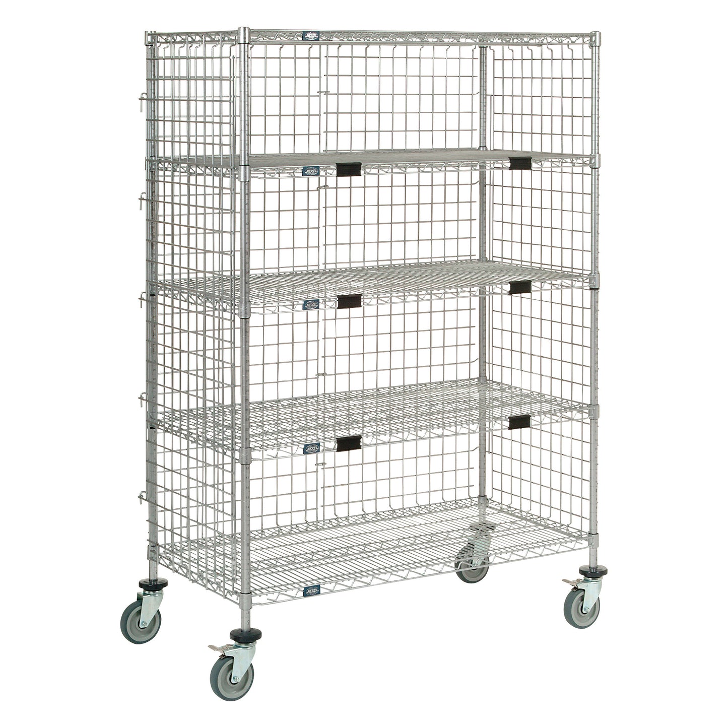 Nexel Enclosed Exchange and Linen Transport Truck with wire shelves and mesh sides, featuring four swivel casters for mobility.