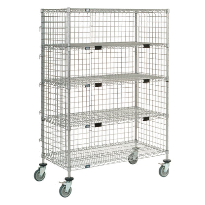 Nexel Enclosed Exchange and Linen Transport Truck with wire shelves and mesh sides, featuring four swivel casters for mobility.