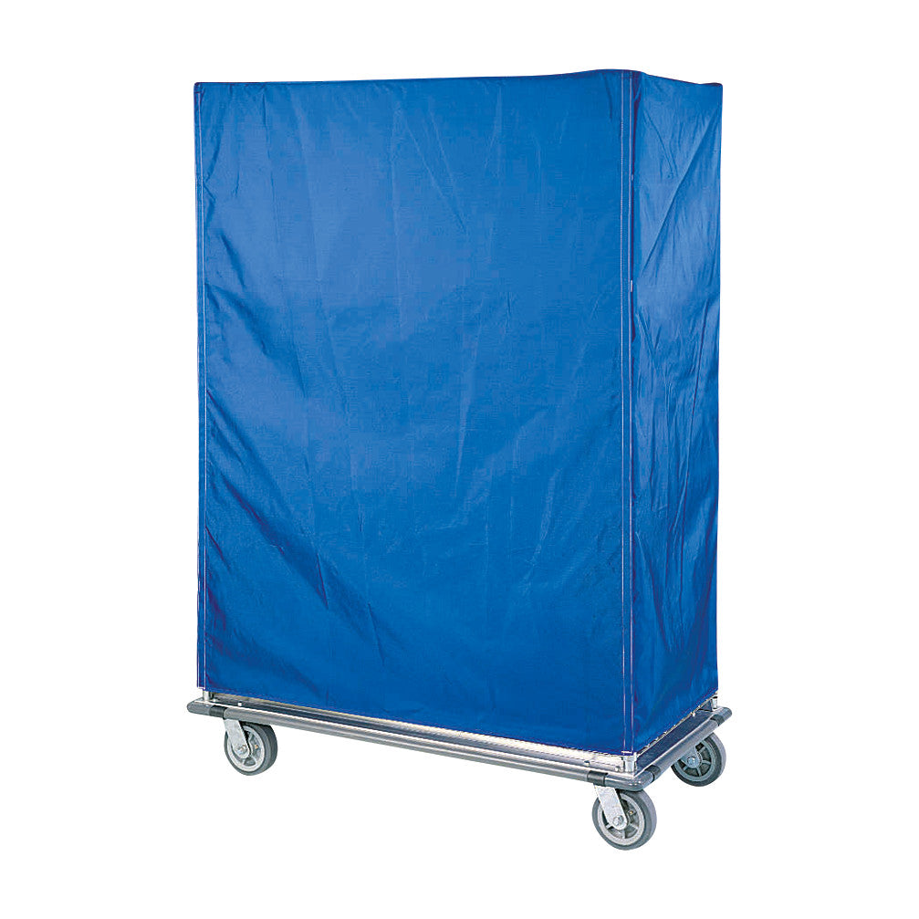 A blue Nexel Cart Cover is secured over a wheeled metal cart. The cover is rectangular and fits snugly over the cart.