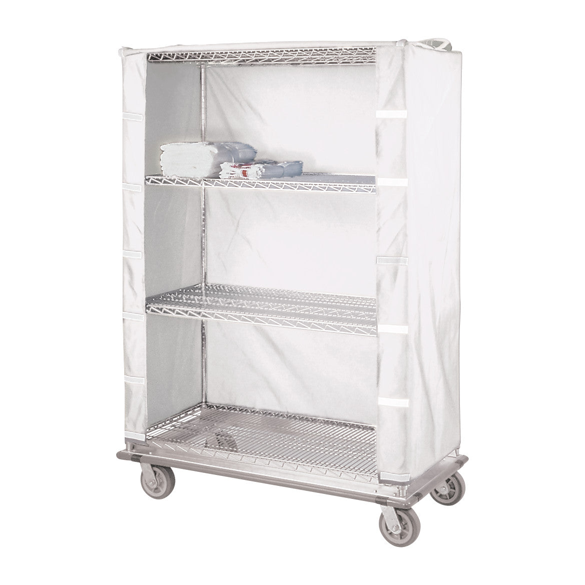 A Nexel Cart Cover surrounding a metal cart with three shelves, containing folded towels. The cart has wheels for easy mobility.