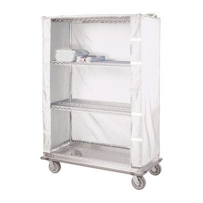 A Nexel Cart Cover surrounding a metal cart with three shelves, containing folded towels. The cart has wheels for easy mobility.