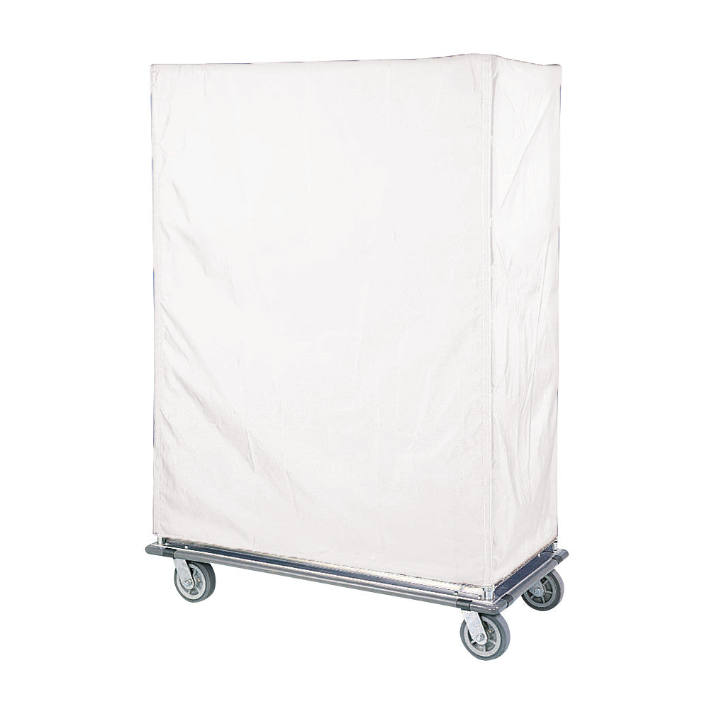 A Nexel Cart Cover in white, fitted over a rectangular cart on wheels, providing protection and privacy for the contents inside.