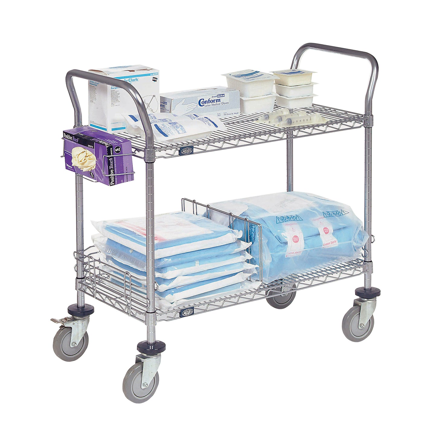 A Nexel Chrome Wire Utility Cart holds medical supplies on two shelves, featuring a box of gloves and various packaged items.