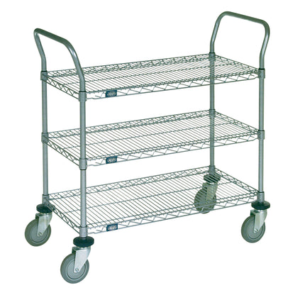 Nexel Chrome Wire Utility Cart with three wire shelves and four caster wheels, designed for transporting items easily.