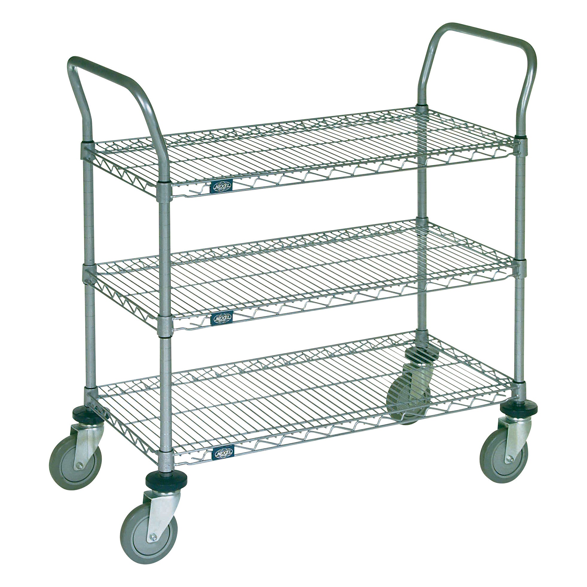 A Nexel Chrome Wire Utility Cart with three wire shelves, two handles, and four caster wheels for easy mobility.