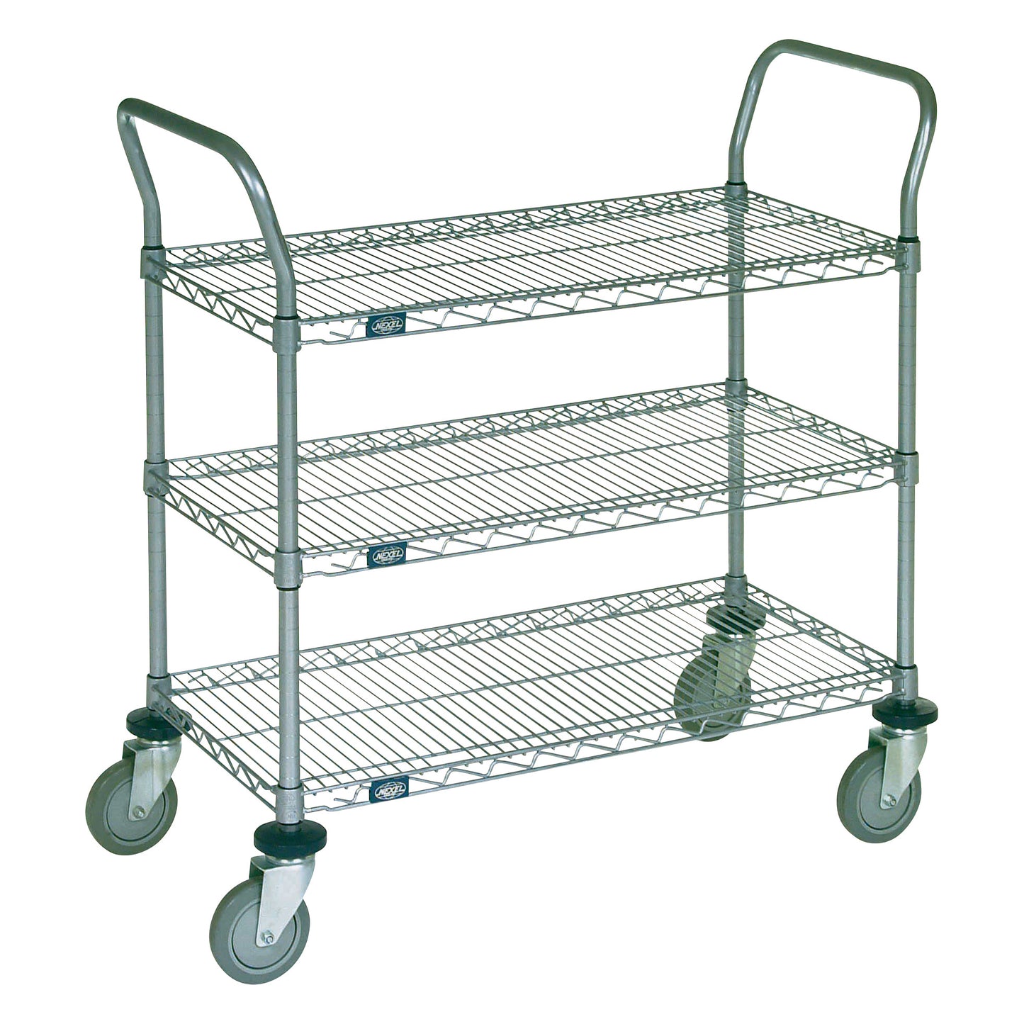 A Nexel Chrome Wire Utility Cart with three wire shelves, two handles, and four caster wheels for easy mobility.