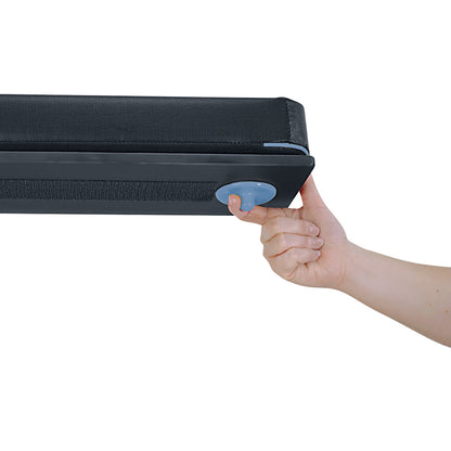 A hand demonstrates the Allen Lift-to-Position Easy Armboard for U.S. Surgical Table Side Rail, featuring a button and strap.