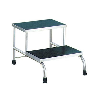 UMF Two-Step Stainless Steel Step Stool with non-slip black steps and rubber feet for stability on a metal frame.