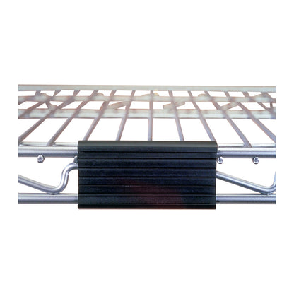 A Nexel Label Holder attached to a metal wire shelf, displaying a black, rectangular label holder with grooved texture.