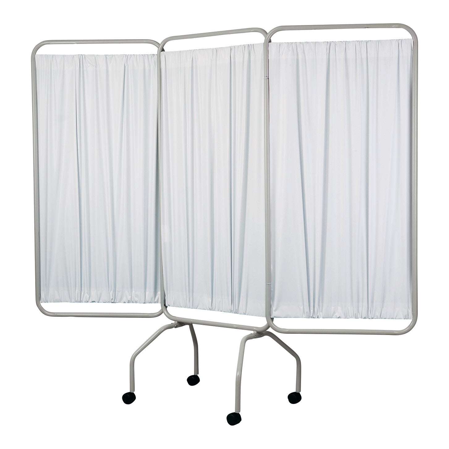 Champion Privess Basic Three-Panel Privacy Screen with white curtains and a metal frame on wheels for easy mobility.