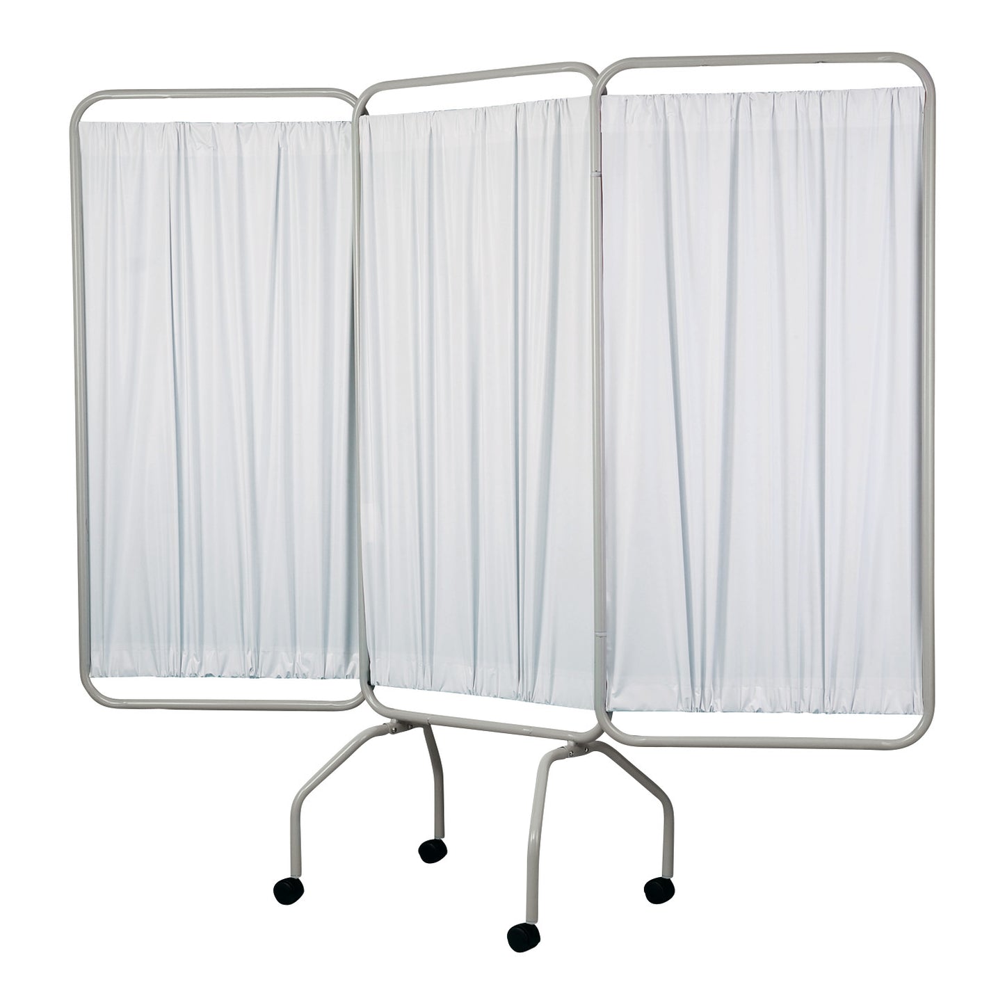 Champion Privess Basic Three-Panel Privacy Screen with white curtains and a metal frame on wheels for easy mobility.
