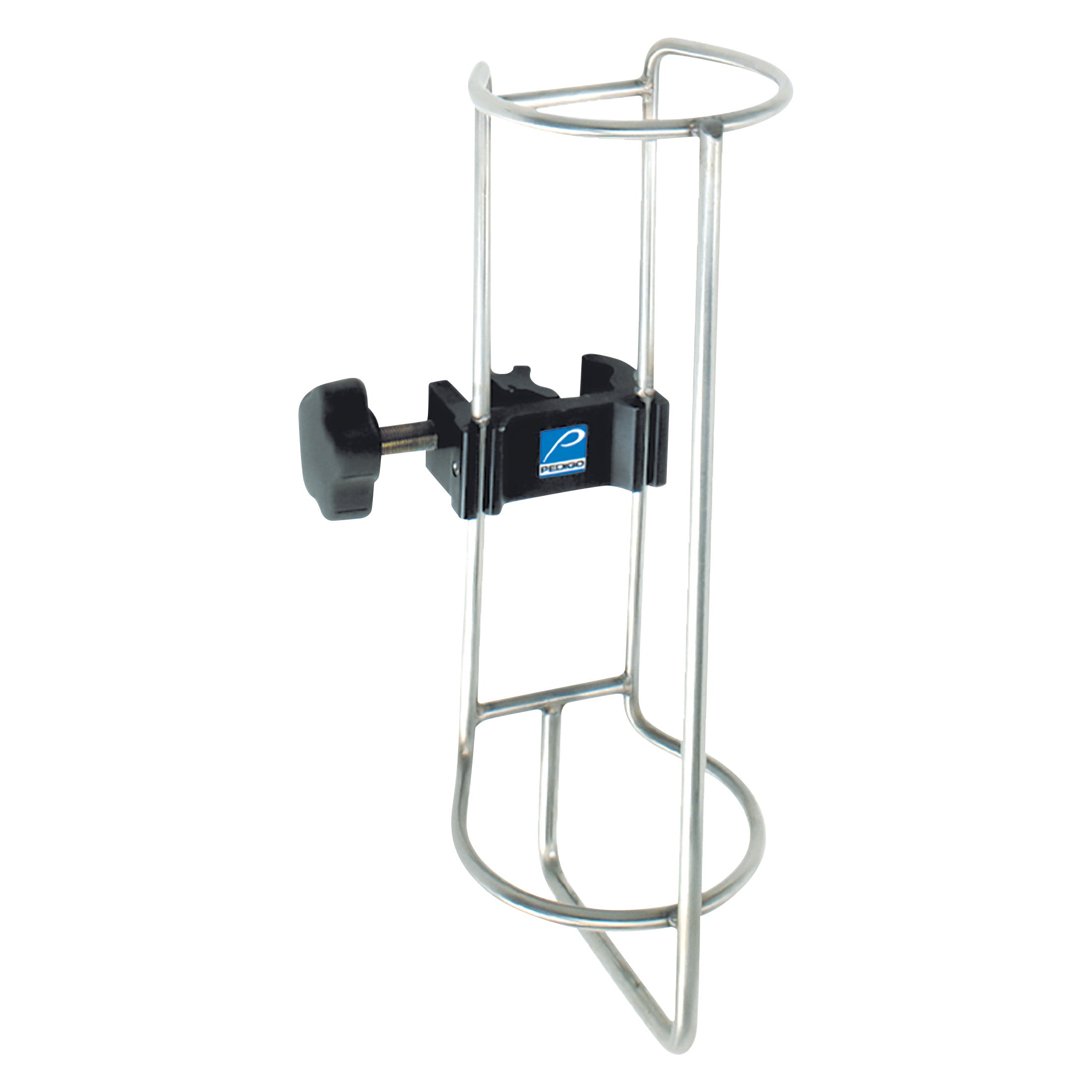 Stainless steel Oxygen Tank Holder for Pedigo Infusion Pump Stand with a black clamp for secure attachment.