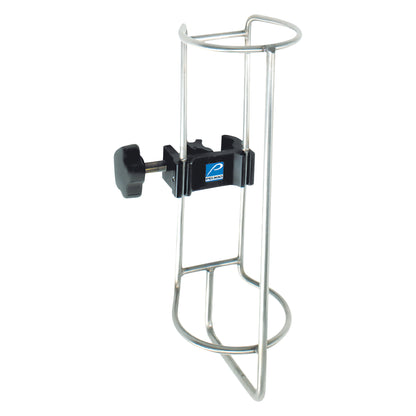 Stainless steel Oxygen Tank Holder for Pedigo Infusion Pump Stand with a black clamp for secure attachment.