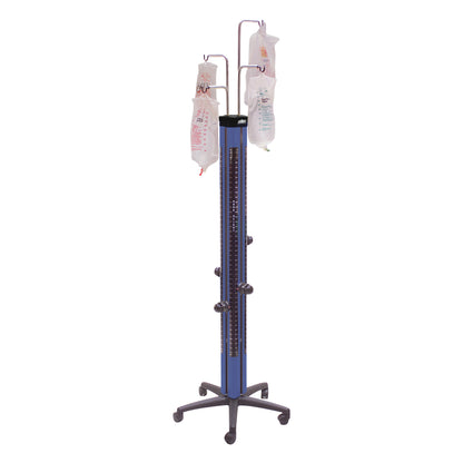 The Hillrom Easy Irrigation Tower is shown with fluid bags hanging from its metal arms on a wheeled base.