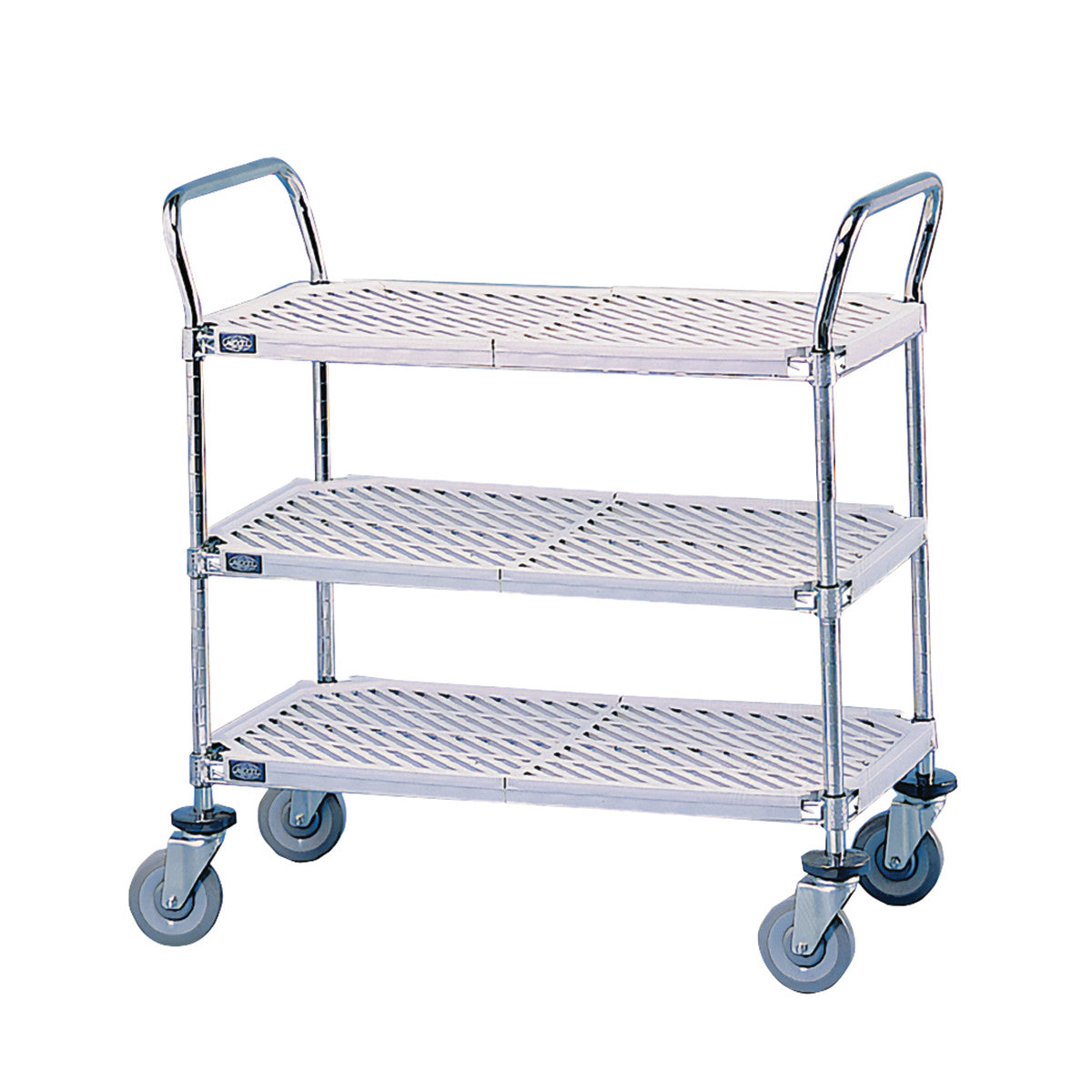 A Nexel Nexelite Utility Cart with three mesh shelves, chrome handles, and four swivel wheels for easy maneuverability.