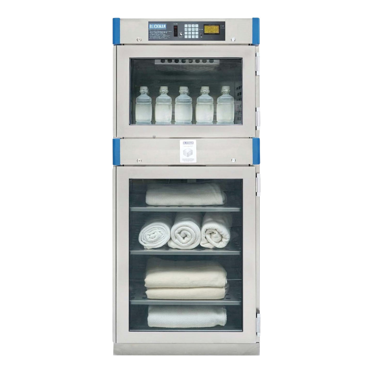 Blickman 3-Shelf Digital Warming Cabinet with display. It holds bottles on the top shelf and rolled towels on the lower shelves.