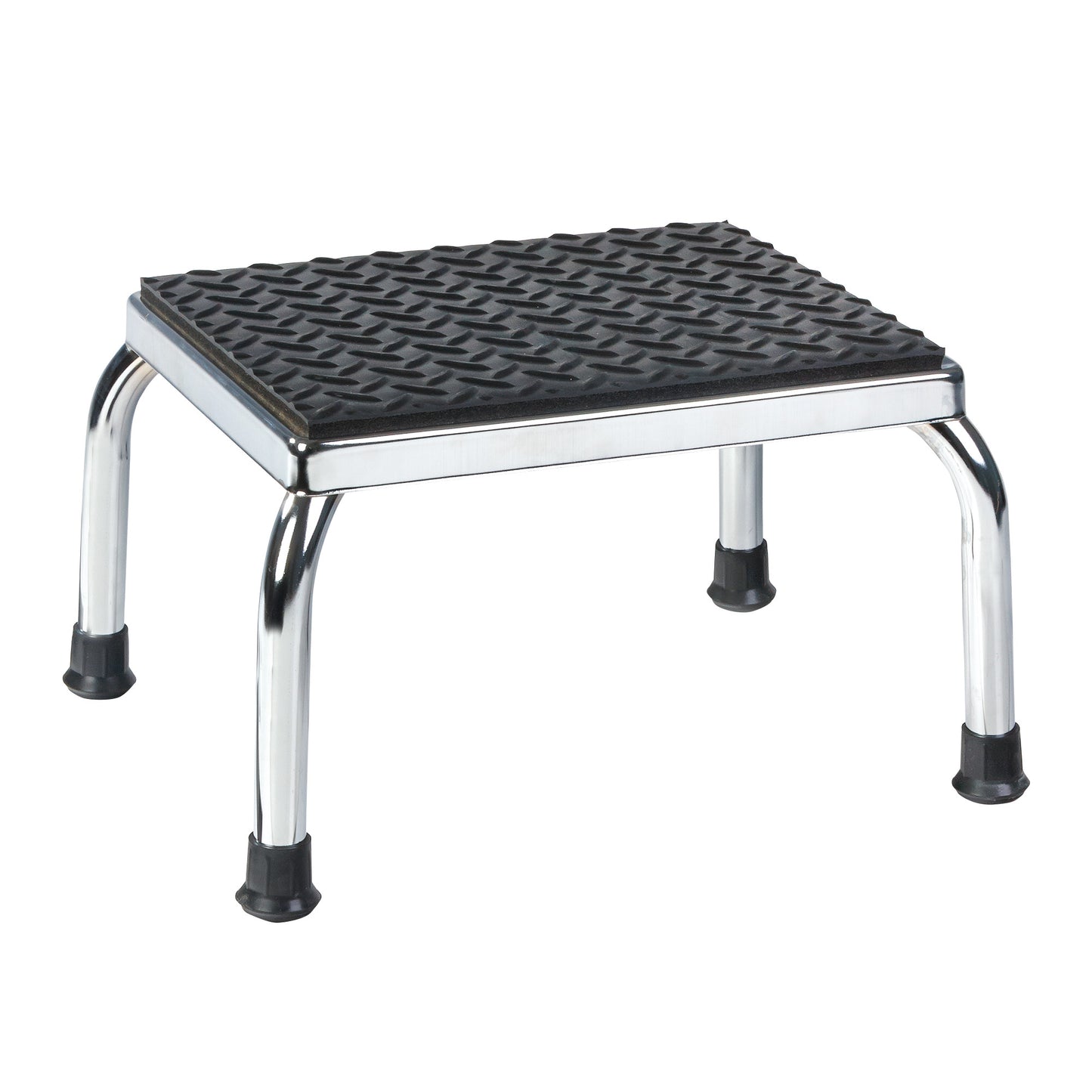 A metal AliMed Soft Step Stool with a textured black rubber top and chrome legs ending in black rubber feet for grip.