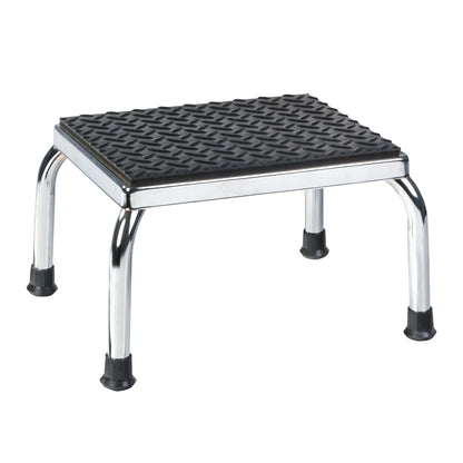 A metal AliMed Soft Step Stool with a textured black rubber top and chrome legs ending in black rubber feet for grip.