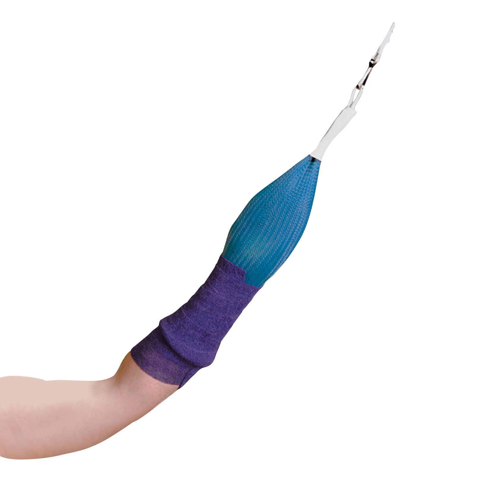 A Rycor Full Hand Trap on a person's arm, featuring a blue mesh with a purple sleeve, and a white trap mechanism at the tip.