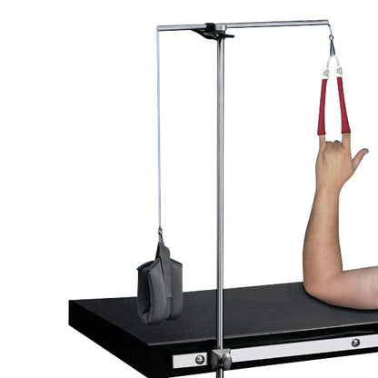 The Rycor Traction Tower is shown with an arm in red slings and weights suspended from a frame on a black base.