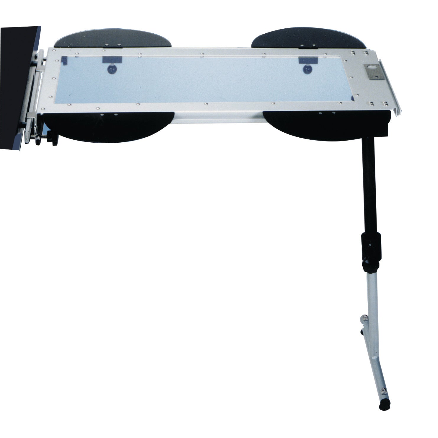 Rycor Aluminum Rail Mount Armboard Model 3000 features a transparent surface with black padding and an adjustable support leg.