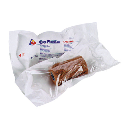 Sterile Co-Flex NL Flexible Cohesive Bandage is shown in its packaging, with a brown bandage roll visible inside.