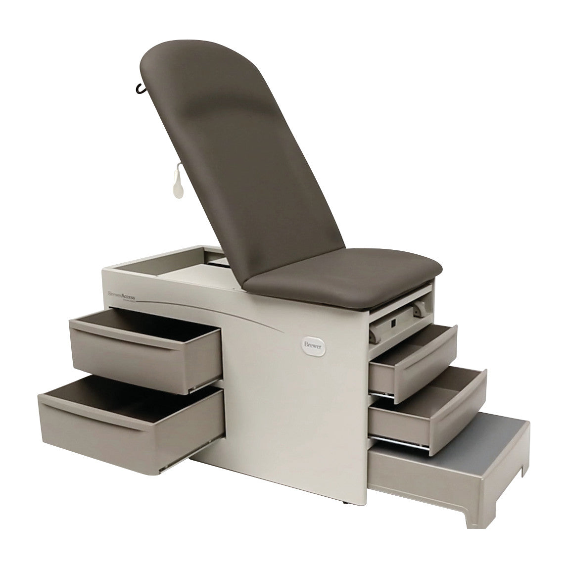 Brewer Access Exam Table with a padded backrest and seat. It has open drawers for storage and a footstep on the bottom.