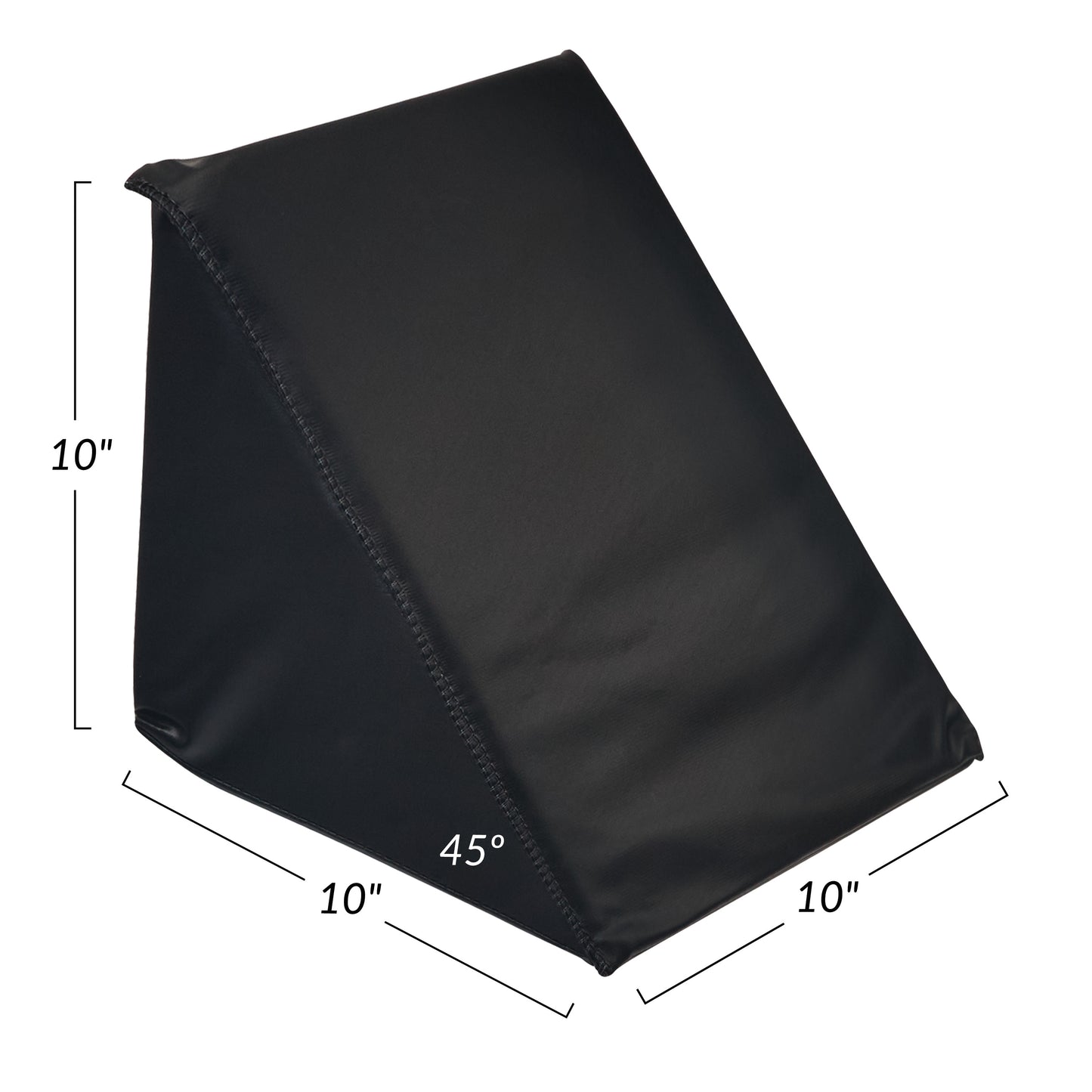 Black wedge-shaped cushion labeled "AliMed Vinyl-Covered 45 Degree Medium Wedge Positioner," measuring 10" on each side.