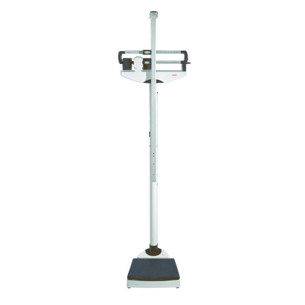 A seca 700 Mechanical Column Scale with a tall vertical rod and a platform base for measuring weight and height.