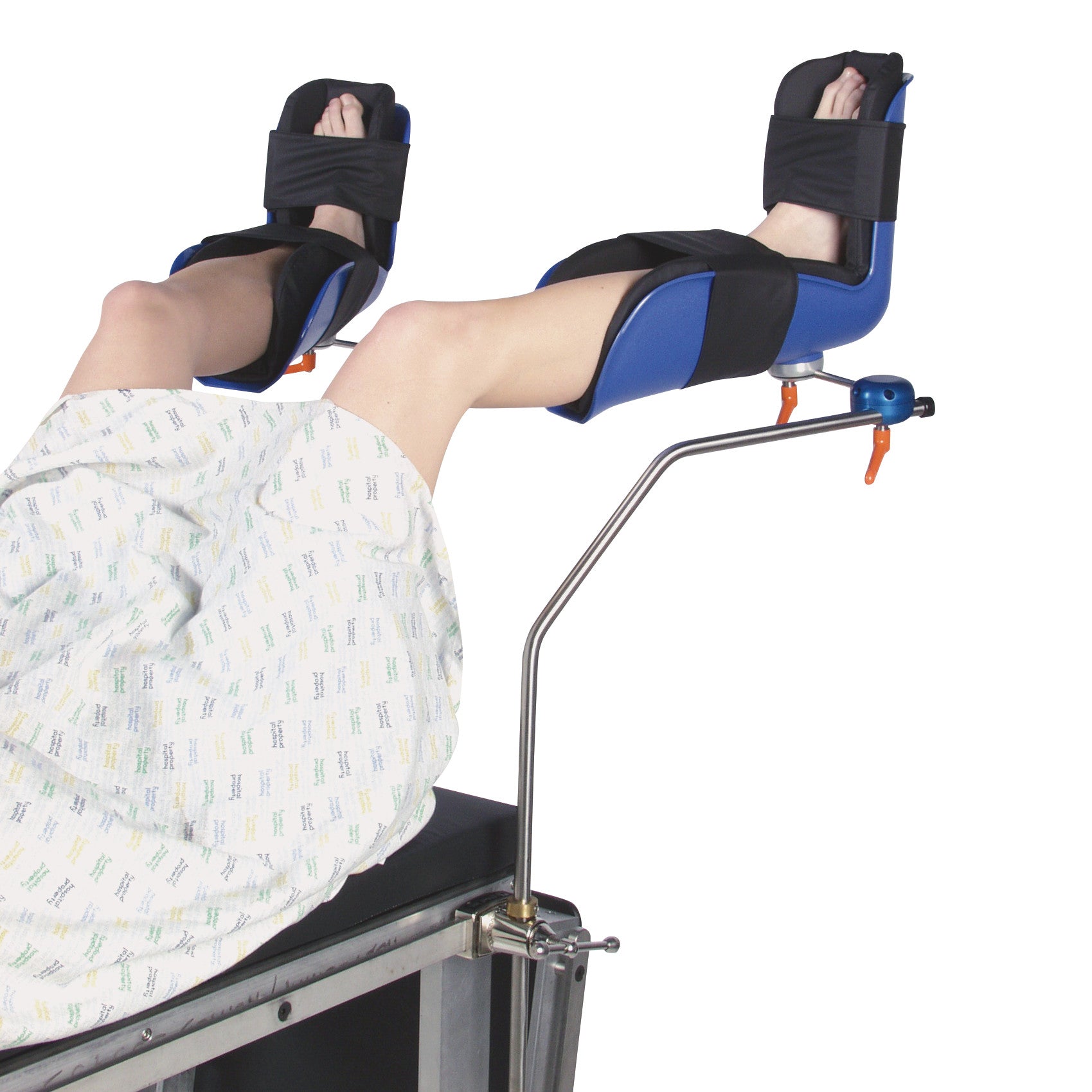 A patient lies on a bed with legs supported by AliMed Lithotomy Stirrups, which securely hold each leg in place with black straps.